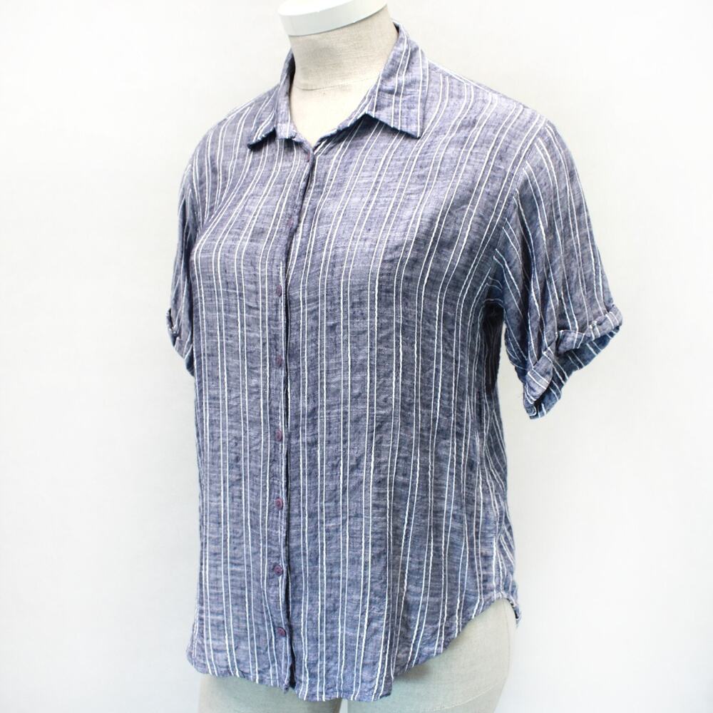 William B blue collared striped button down short sleeve shirt blouse top Medium